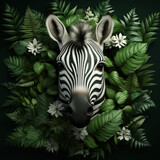Fototapeta Konie - Portrait Of A Zebra With Green Leaves In The Background