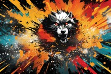  A Black And White Wolf With Red Eyes And Yellow And Blue Paint Splatters On It's Face.