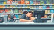 retail worker is dozing off behind a cash register in a bustling store. industrial fatigue concept. World Sleep Day