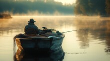 Lone Fisherman, In A Small Boat On A Calm Lake. Early Morning Light.