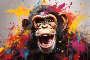  a monkey with paint splattered all over it's face and mouth, with its mouth open and mouth wide open.