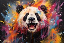  A Painting Of A Panda Bear's Face With Colorful Paint Splatters All Over It's Face.