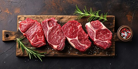 Wall Mural - Selected juicy meat ready for cooking steak, fillet, slicing, meat with herbs, rosemary, spices, meat restaurant, background, wallpaper.