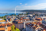 Fototapeta Most - Geneva, Switzerland Cityscape Overlooking the Lake and Fountain