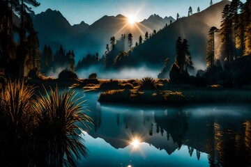 Wall Mural - A cinematic view of Westland District, where the first rays of sunlight touch the surface of Lake Matheson, surrounded by mountains disappearing into the mist.