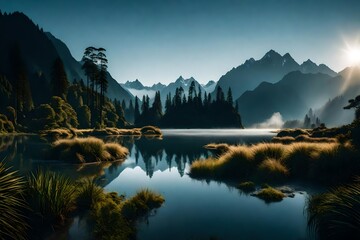 Wall Mural - A breathtaking HD capture of Westland District, showcasing the untouched beauty of the landscape, with a fog-kissed Lake Matheson and distant mountains.