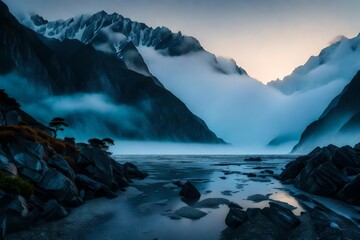 Wall Mural - The mysterious allure of Fox Glacier at dawn, with the mountains obscured by a thick blanket of fog