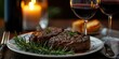 Soft juicy medium rare steak with spices, rosemary, garlic, and a glass of red wine, romantic dinner, wallpaper, background.