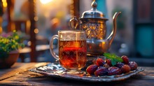 A Cup Of Hot Tea With Dates And A Teapot On The Table