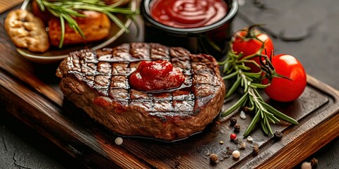 Wall Mural - Incredibly delicious juicy medium rare steak with side dish, potatoes, fresh, stewed vegetables, sauce, grilled meat, background, template, wallpaper.