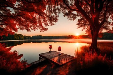 Canvas Print - The beauty of a summer sunset reflected on a still lake, an empty pier featuring a striking red mailbox, all enveloped by the natural splendor of trees.