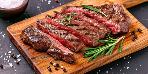 Wall Mural - Tender juicy steak cut into slices with herbs and spices on a wooden plate, barbecue, grill, meat, wallpaper, background.