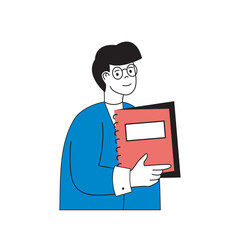 Aufkleber - School learning concept with cartoon people in flat design for web. Student holding his notebook and preparing homework to lessons. Vector illustration for social media banner, marketing material.