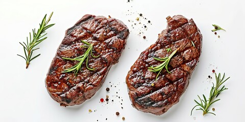 Wall Mural - Two soft juicy  steaks of medium rare with spices, rosemary, garlic on a white background, wallpaper, background, template.