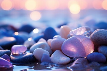 Wall Mural -  a pile of rocks sitting on top of a body of water next to a blurry background of the ocean.