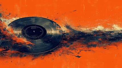 Wall Mural - image graphique stylisée représentant un disque en vinyle sur un fond orange. Le disque semble être en mouvement, avec un effet dynamique et flou derrière lui