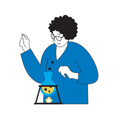 Aufkleber - Science laboratory concept with cartoon people in flat design for web. Scientist researching chemical reaction in flask with burner. Vector illustration for social media banner, marketing material.