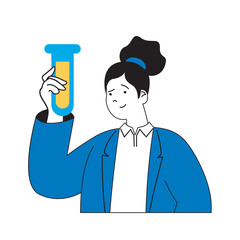 Leinwandbilder - Science laboratory concept with cartoon people in flat design for web. Scientist holds test tubes and making scientific experiments. Vector illustration for social media banner, marketing material.
