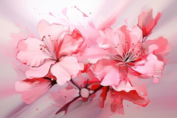  a painting of two pink flowers on a white and pink background with a splash of paint on the left side of the image.