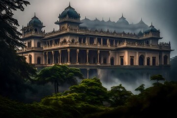 Poster - view of a classic palace shrouded in a mystical mist that adds an air of mystery and enchantment