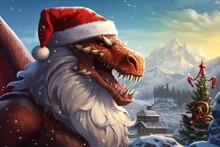  A Dragon Wearing A Santa Claus Hat In A Snowy Landscape With A Christmas Tree And A House In The Background.