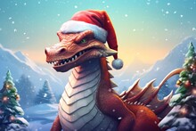 A Dragon Wearing A Santa Hat In Front Of A Snowy Mountain With Evergreen Trees And A Pine - Cone - Shaped Fir - Cone Tree.