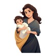 Mother and child hugging in a sling blanket. Mother's love. Baby. Asian woman and toddler. Illustration on a white background