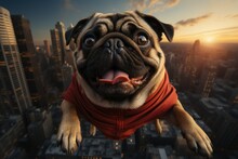  A Close Up Of A Pug Dog In A Red Shirt With A Cityscape In The Back Ground.