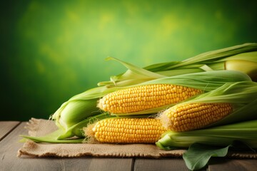 Wall Mural -  a close up of corn on the cob on a piece of cloth on a wooden table with a green background.