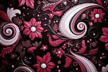 A Close Up Of A Black And Pink Wallpaper With White Swirls And Pink Flowers On A Black Background.