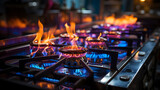 Fototapeta  - A tightly focused image capturing the intense blue flames of a propane gas stove burner in a home kitchen