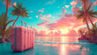 tropical island with sunset and suitcase