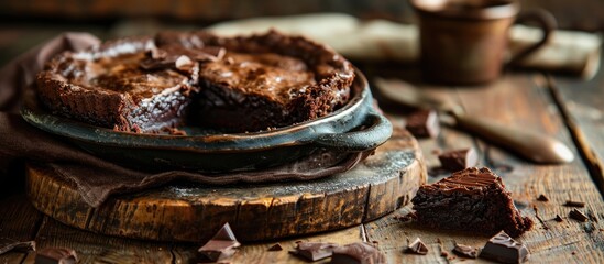 Poster - baked cake in a ceramic form sprinkled with chocolate slices on a wooden table rural style still life. Copy space image. Place for adding text or design