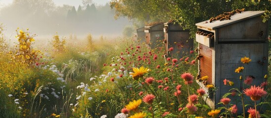 Aufkleber - A row of bee hives in a field of flowers with an orchard behind. Copy space image. Place for adding text or design