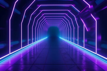 Abstract tunnel background with neon glowing blue and purple lights in a futuristic underground corridor. Generative AI