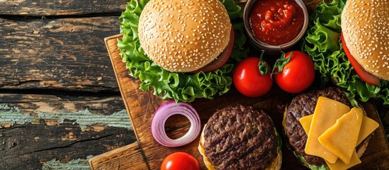 Poster - Beef burger ingredients on a wooden board with a place for text shot from above Grilled patty lettuce leaf tomato Cheddar cheese onion and a sesame bun. Copy space image