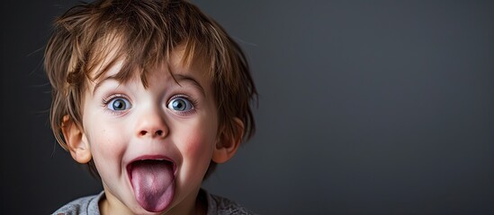 Poster - A six year old boy child is being funny and making a bratty face while sticking out his tongue. Copy space image. Place for adding text or design
