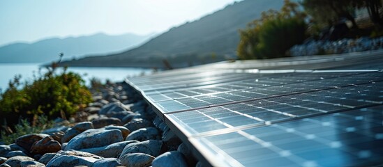 Poster - A closeup of a lone solar panel on a roof. Copy space image. Place for adding text or design