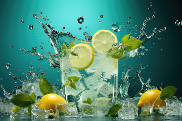 Poster - Lemon and mint leaves with splashes of water in a glass