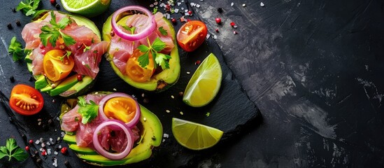 Poster - Avocado boats stuffed with tuna red onion and cherry tomatoes. Copy space image. Place for adding text or design