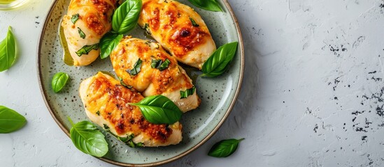 Wall Mural - Baked chicken rolls with basil and cheese on plate Healthy lunch Keto diet Top view above. Copy space image. Place for adding text or design