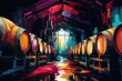  a painting of a row of wine barrels in a room with a light at the end of the room and a light at the end of the room at the end of the room.