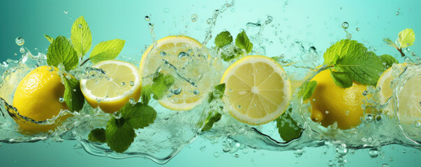 Poster - Fresh lemon and mint leaves with splash of water. Horizontal banner