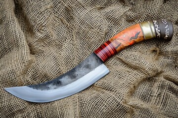 One Stylish Damascus steel kitchen knife on a wooden board