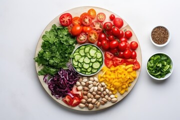 Wall Mural -  a plate filled with different types of veggies next to bowls of beans, tomatoes, cucumbers, and lettuce.