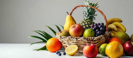 Poster - Assortment of exotic fruits in basket isolated on white. Copy space image. Place for adding text or design