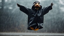 Duck Wearing Black Raincoat Playing In The Rain Happy With Excitement. Wallpaper Background Ads Or Gift Wrap And Web Design And Banners Cards Generated Ai