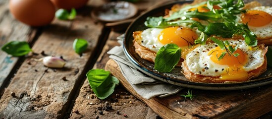 Poster - Baked patties or pies with ramson wild garlic eggs and cheese Homemade food curd dough Baking on a plate on wooden table with textile napkin close up Local food. Copy space image