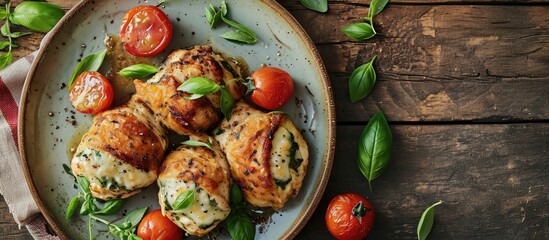 Poster - Baked chicken rolls with basil and cheese on plate Healthy lunch Keto diet Top view above. Copy space image. Place for adding text or design