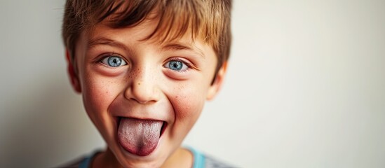 Poster - A six year old boy child is being funny and making a bratty face while sticking out his tongue. Copy space image. Place for adding text or design